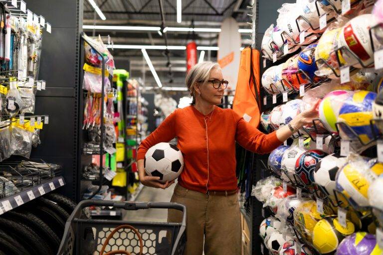 woman shopping sports equipment holding soccer ball sporting goods store day